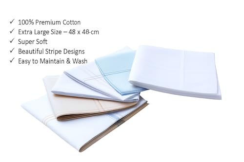 Image of Premium 100% Cotton Handkerchiefs for Men, 48 x 48 cm, Large Size Rumal Napkins, White & Multicolor Stripes