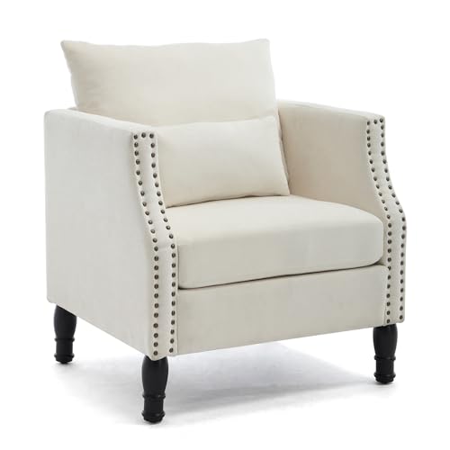 Image of ABET Linen Accent Chairs 1PC, Mid-Century Modern Reading Armchair with Removable Lumbar Pillow, Upholstered Side Sofa Chair for Living Room Bedroom, Beige
