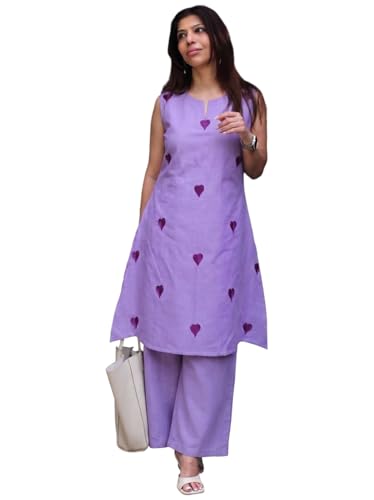 Image of ANNI Designer Kurta Set for Women Cotton Blend Embroidered | Kurti Set for Woman | Farshi Salwar Suit Kurta Palazzo Outfit | Round Neck V Slit Sleeveless Regular Fit Ethnic Dress Stylish Clothing