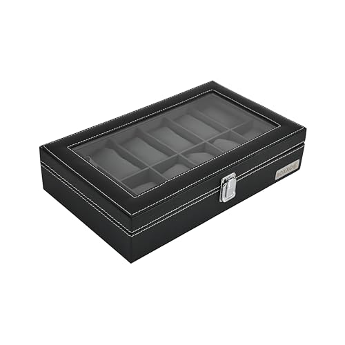 Image of BOXXO 12 Slot Watch Organizer Box for Men & Women - Premium PU Leather Watch Case, Soft Velvet Cushions & Glass Lid Display, Elegant Storage Box - 34x20x8 cm (Black & Black (Transparent), 12 Slots)