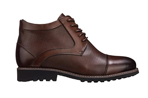 CALTO Men's Invisible Height Increasing Elevator Shoes - Dark Brown Leather Lace-up Cap-toe Boots with Inner Faux Fur - 3.2 Inches Taller - Y41089 - Size 9 D(M) US2
