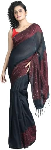 Dutta Saree Ghar Women Tangaile Tant Cotton Handloom Saree (Black)