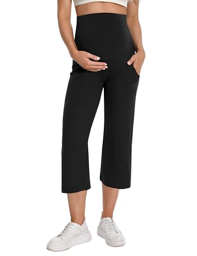 Foucome Maternity Capris Wide Leg Cropped Yoga Pants Black M