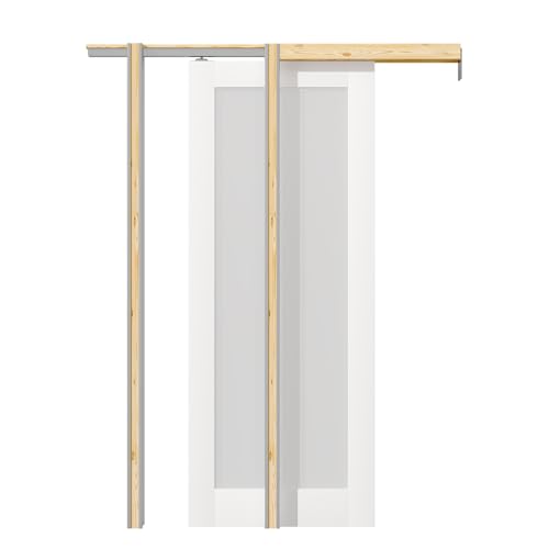 Image of Frosted Glass 1-Lite Sliding Pocket Doors White Standard Door with Hardware Kit Set,24 inchx96 inch