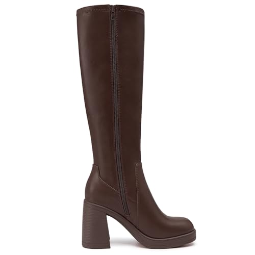 Athlefit Knee High Boots for Women Square Toe Platform Chunky Heel Stretchy Tall Boots with Side Zipper2