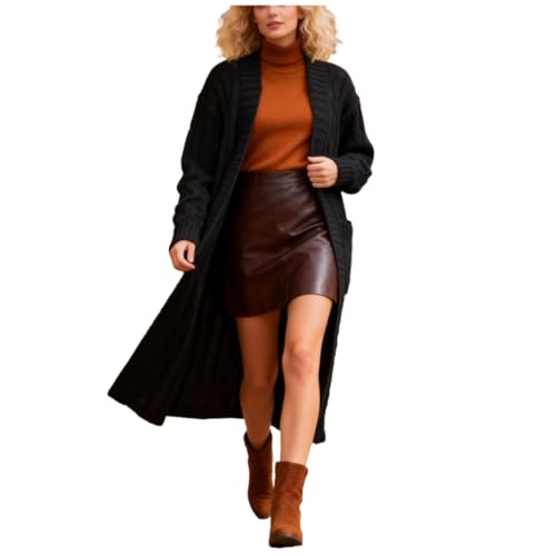 Shuanghao Damen Weiche-Neue Oversize-Leichter Casual-Locker Cardigan - Lange Langen Ärmeln Warme Drapierter Langer Open Front Sweater Mit Taschen Elegant Lässige Herbst Winter Damen Schwarz L