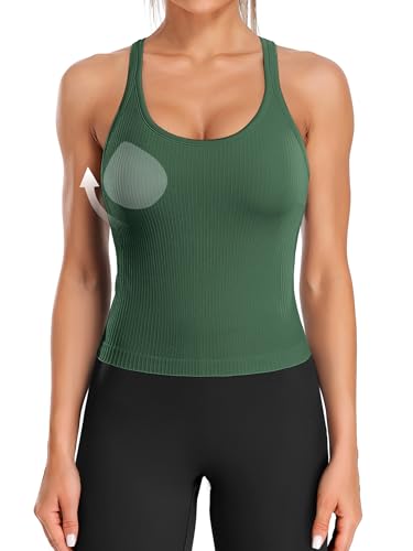 Image of ATTRACO Ribflex Ribbed Workout Crop Tops with Built in Bra for Women Yoga Racerback Tank Top Slim Fit