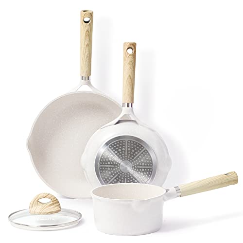 CAROTE Non Stick Pots and Pans Set, 4 Pcs Frying Pans & Saucepan Set, Kitchen Cookware Sets, PFOS & PFOA Free, 20cm&26cm Frying Pan,16cm Saucepan with Lid