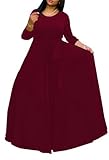 Yajedo Women's 2024 Casual Crew Neck Flutter 3/4 Sleeve High Waist A Line Plus Size Maxi Dress with Belt for Casual Wear Holiday Vacation Burgundy XX-Large
