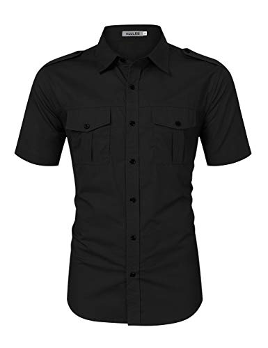 KUULEE Men's Tactical Shirt Outdoor Work Cargo Shirt Short Sleeve Dress Shirt for Men Black M