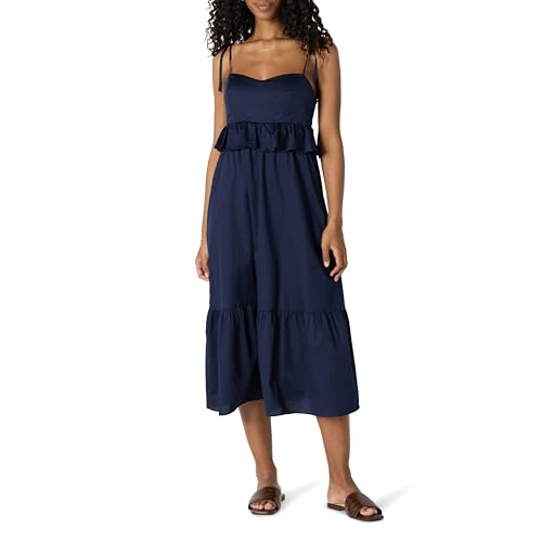 Amazon Essentials Vestido Midi con Volantes y Cintura Imperio de satén de algodón para Mujer, Ajuste y Vuelo para Mujer, Color Azul Marino, Talla M