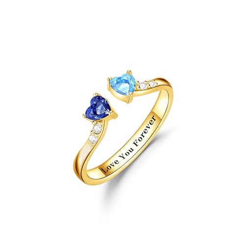 Dainty Promise Rings for Her 2 Birthstone Adjustable Rings for Women Sister Anniversary Birthday Gifts for Women Jewelry Valentine Gifts (Gold 09-12 S