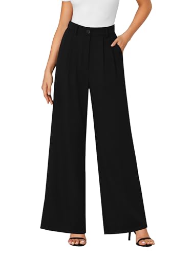 LYANER Women's High Waist Casual Wide Leg Long Palazzo Pants Button Down Loose Business Work Office Trousers with Pockets Black Medium2