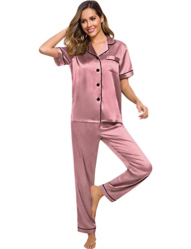 Image of SWOMOG Women Satin Pajamas Set Short Sleeve Top & Pants Sleepwear Silky Button Down Nightwear 2pcs Loungewear Pjs Set