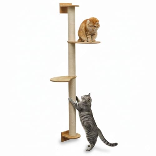 eyepower 130 cm Rascador de Pared Luna con 2 Plataformas de Bambú   Árbol para Gatos con Estanteria   Columna de Sisal Natural   Recorrido de Estantes   Torre Gato Estable   Poste Alto Fijación Mural