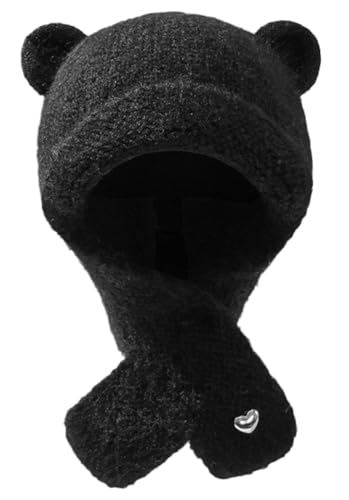Women's Knitted Beanie Hat Cute Ears Russian Ushanka Hat Soft Skull Cap Winter Warm Trapper Cap with Earflap Black