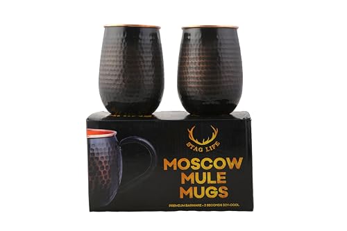 STAGLIFE 16 Oz Pure Copper Tumblers for Drinking Water Cups Mugs Glasses Set of 2, Solid Moscow Mule Hammered Tall Black Tumbler Cup Mug Glass with No Handle, Brushed/Large
