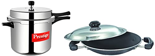 Image of Prestige Popular Aluminium Outer Lid Pressure Cooker, 10 Litres, Silver & Prestige Omega Select Plus Aluminium Residue Free Non-Stick Appachetty with Lid, 20 cm, Black