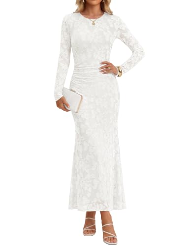 ZESICA Womens Long Sleeve Floral Maxi Slim Fall Cocktail Work Dress White S