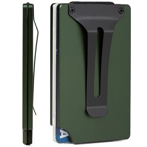 Image of Minimalist Carbon Fiber Wallet for Men, Money Clip Cash Strap Wallet, RFID Blocking Metal Wallet Aluminum Card Holder,Front Pocket Wallet(Matte Green)