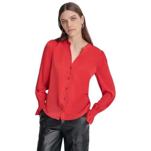 DKNY Women's Woven Long Sleeve Shirt, Red Light