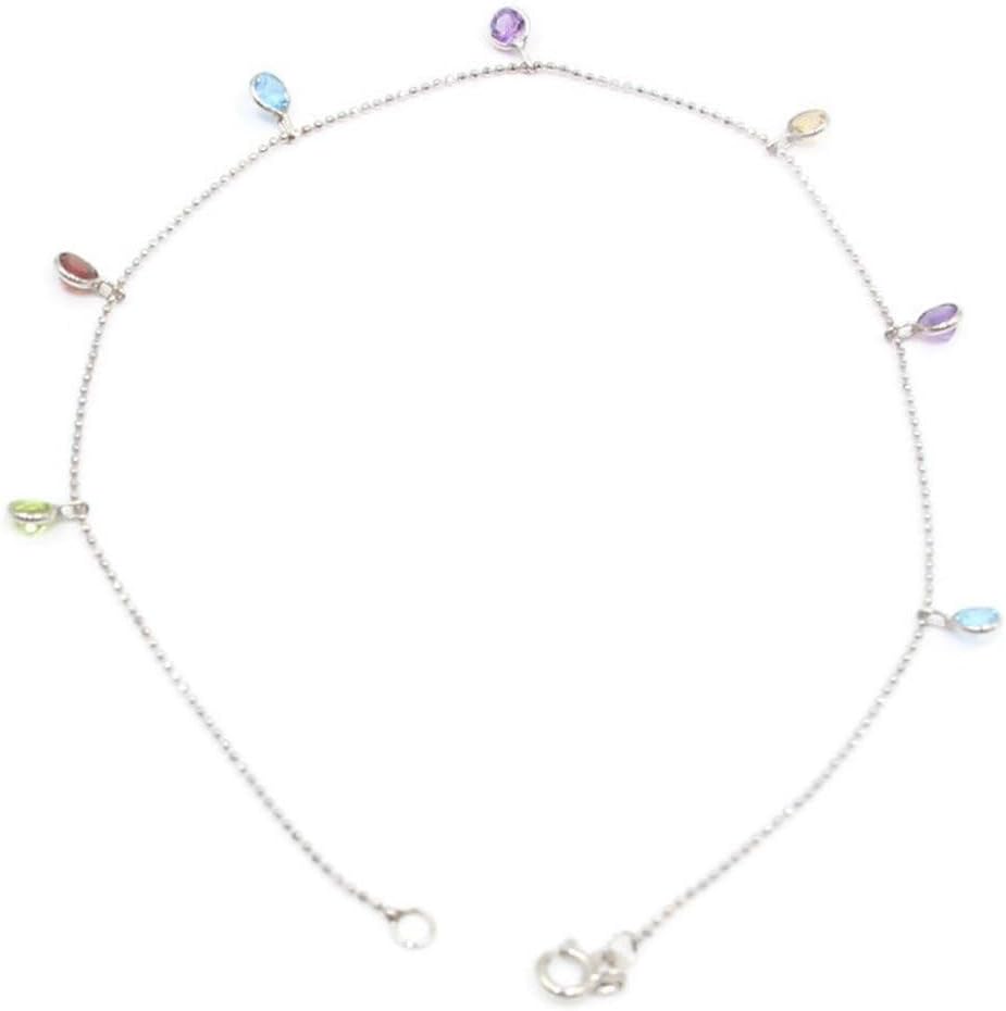 Sophia Fine Jewelry Multi-Color Gemstone Charm 10" Anklet,14k White Gold Cable Chain