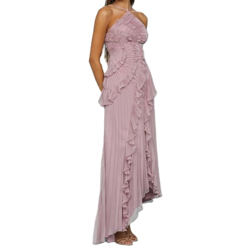 Women Ruffle Pleated Long Dress Sleeveless Halter Irregular Tiered Pleated Flowy Chiffon Dresses for Wedding Guest2