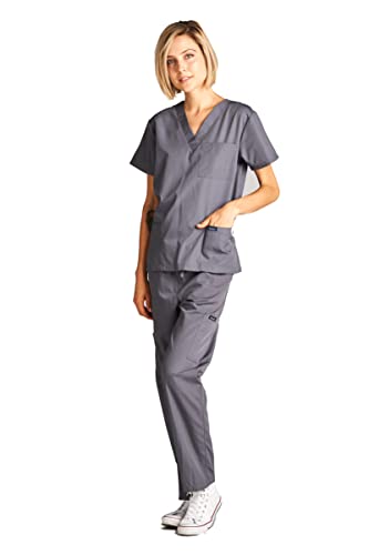 Dagacci Medical Uniform Womens And Mens Scrubs Set Medical Scrubs Shirt Top And Pant, Pewter Gray, Medium, Short Sleeve #TOP2