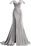 Off Shoulder Mermaid Satin Prom Dresses Long Ball Gown with Beads Appliques V Neck Slit Formal Dresses for Women Sexy Silver 10