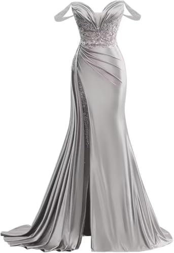 Off Shoulder Mermaid Satin Prom Dresses Long Ball Gown with Beads Appliques V Neck Slit Formal Dresses for Women Sexy Silver 10
