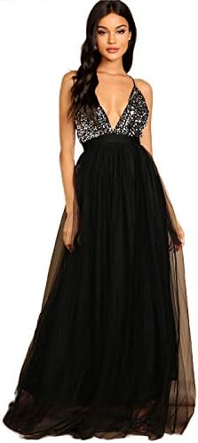 JJHR dress Black Criss Cross Backless V Neck Mesh Bodice Sequin Party Dress Women Sleeveless Ladies Evening Maxi Dress