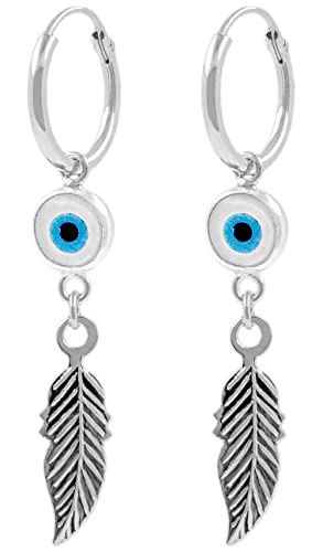 ENTREPLATA Pendientes de Aro Plata de Ley 925 Criollas Unisex Amuleto de Protección Aretes con Colgante de Pluma y Ojo Turco