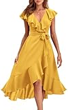 PRETTYGARDEN Cross V Neck Spring Dresses 2026 Ruffle Short Sleeve Midi Dress with Belt High Waisted A Line Maternity Dress (Yellow,X-Large)