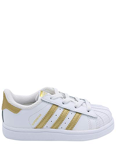 adidas Originals Kid's Superstar Shoe, White/ Gold/ Blue, 6K Medium US Little Kid