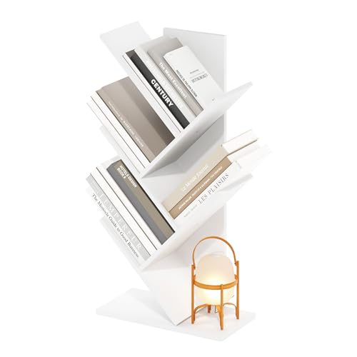 Image of Furinno Tree Book Shelf, 5-Tier Bookshelf with Angled Open Shelf, Tree Bookcase for Room Decor, 8.4 x 15.7 x 30.3, for Organization and Storage, for Living Room, Bedroom, Home Office, White