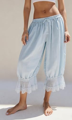 Image of NUFIWI Women Ruffle Long Bloomer Y2k Lace Trim Pettipants Pantaloons Mid Rise Cropped Pajama Pants Under Dress Slips