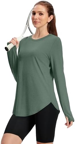 Workout Tops for Women Loose Fit Long Sleeve Shirts with Thumb Holes Crewneck Sun Protection Clothing Yoga Pilates Outfits Quick Dry Running Hiking Shirts Dark Green XXL — view 2