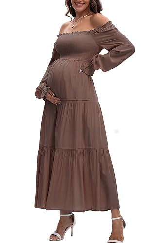 JINDIIM Women's Fall Long Sleeve Maternity Maxi Dress Flowy Tiered