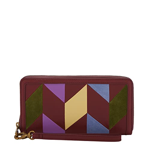 Fossil Women's Logan Leather Wallet RFID Blocking Zip Around Clutch with Wristlet Strap, Wine (Model: SL6533186)