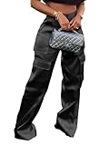 Baczoe Black Silk Pants Women Satin Cargo Straight Wide Leg Trousers Sexy Plus Size Party Club Night Clothes (Black, L)