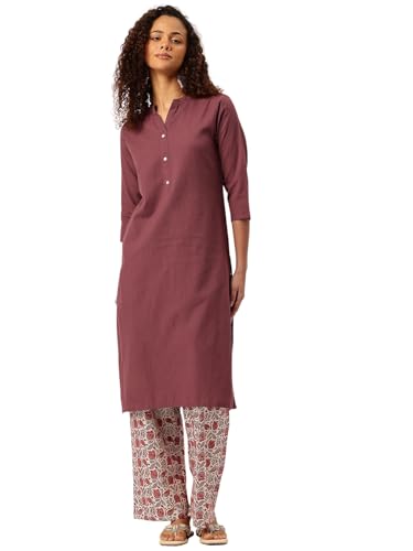Image of feranoid Women's Plain Cotton Kurta with Mandarin Collar, 3 /4 Sleeves & Pocket