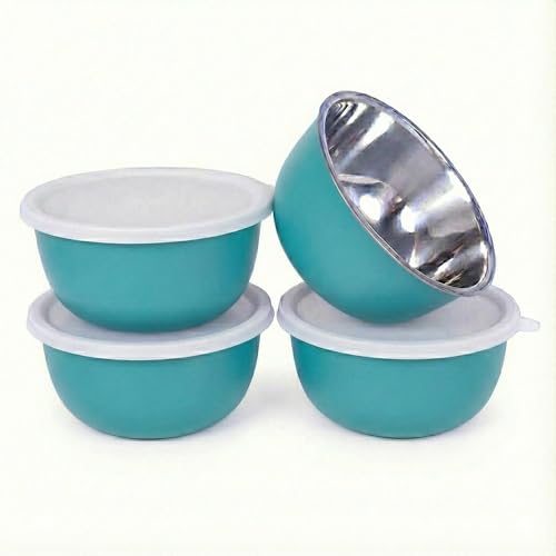 Image of Zaib Microwave Safe Stainless Steel Food Storage Bowl with Lid | Snack Serving Cooked Food Storage Container for Kitchen Capacity- 500 ML Each (Turquoise 14 cm 4 Pcs with Lid)