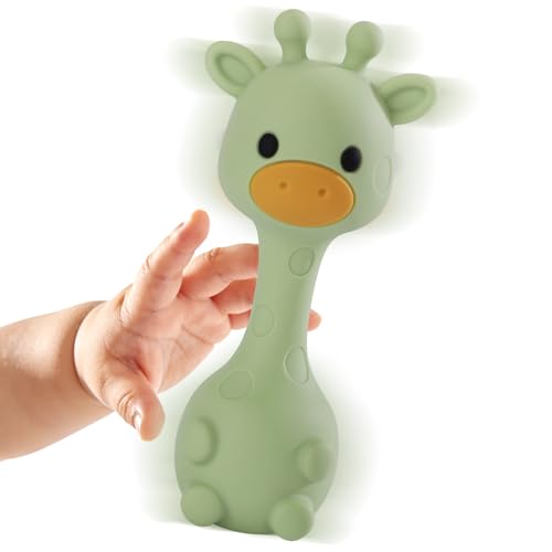 AULEGE Giraffe Silicone Baby Teether Rattle Toy for 0-6 6-12 Months BPA-Free Infant Teething Toy with Rattle Sound Easy-Grip Design for Teething Relief (Olive)