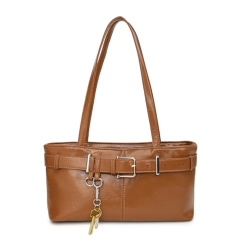 Vintage Y2K Shoulder Bag for Women,Small Belt Buckle Satchel Purse Leather Handbag Clutch Purse, Underarm Tote Handbag for Daily Use - Brown