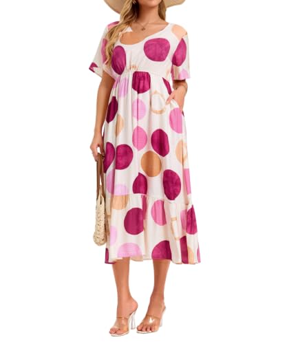 Image of Women's Summer Short Sleeve Maxi Floral Flowy Dresses with Pockets
