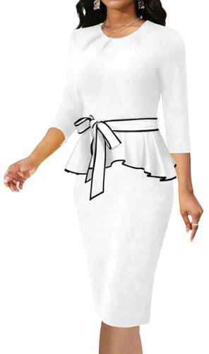 Women's Vintage Church Bodycon Pleated Crew Neck Work Midi Pencil Dress