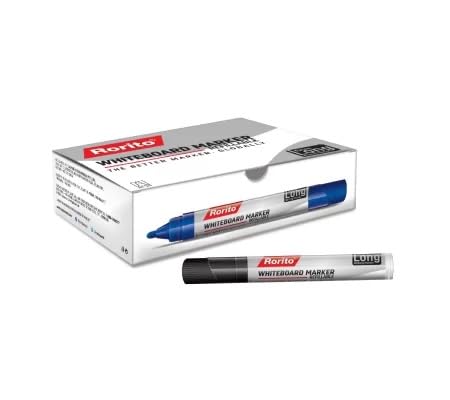 Rorito Whiteboard Long Writing Marker Pen, Black - Pack of 10