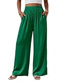 BTFBM Wide Leg Pants Woman Summer 2026 Pockets Dressy Flowy Lightweight Glitter Satin Palazzo Beach Vacation Clothes(Green, X-Large)