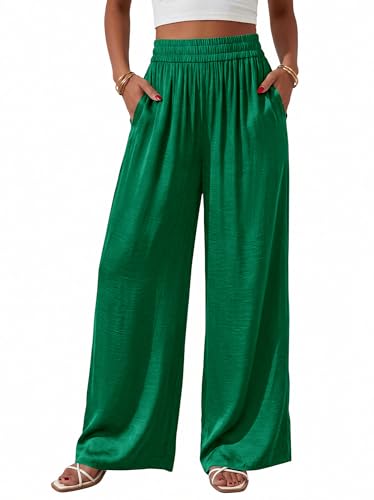 BTFBM Wide Leg Pants Woman Summer 2026 Pockets Dressy Flowy Lightweight Glitter Satin Palazzo Beach Vacation Clothes(Green, Small)