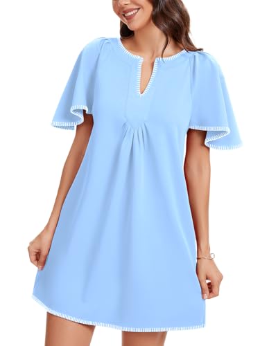 Image of KEOMUD Women's Summer Short Sleeve Mini Dress Casual V Neck Contrast Trim Flowy Shift Dresses with Pockets